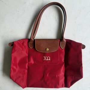 New Authentic Longchamp Le Pliage Red Tote Bag with Custom Chi Omega Embroidery
